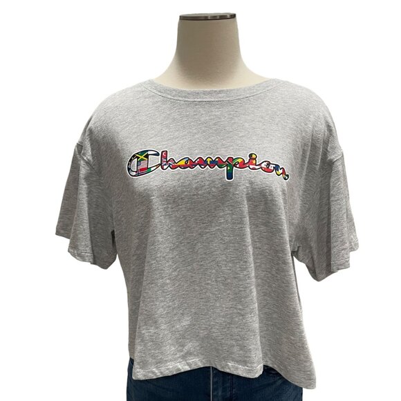 Champion Women's L Grey Graphic Crop T-Shirt Size M Athleisure Casual Workout - Picture 4 of 8